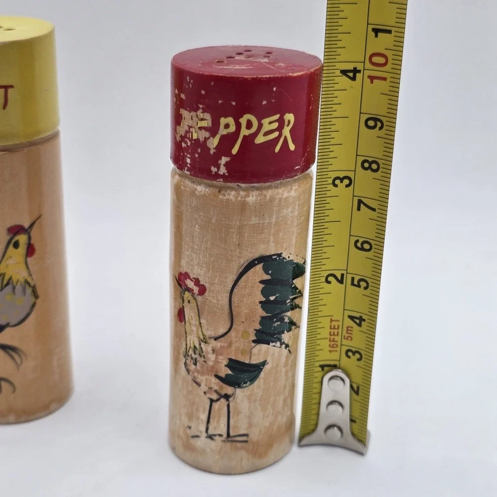Vintage Salt & Pepper Shakers Red Yellow Wood Cylindrical with Chicken Design